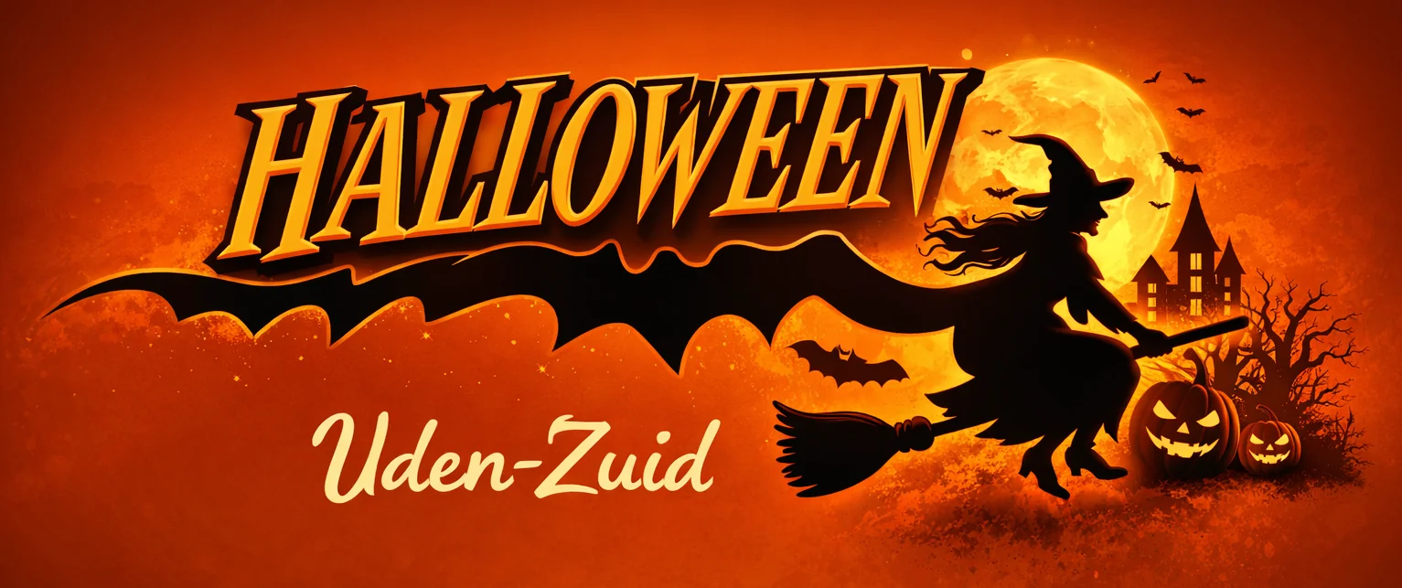Halloween Uden-Zuid logo: een heks op een bezem vliegt langs een volle maan en spookhuis